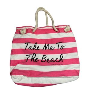Y2K Victoria's Secret Pink White Stripe Beach Tote Bag Rope Handles